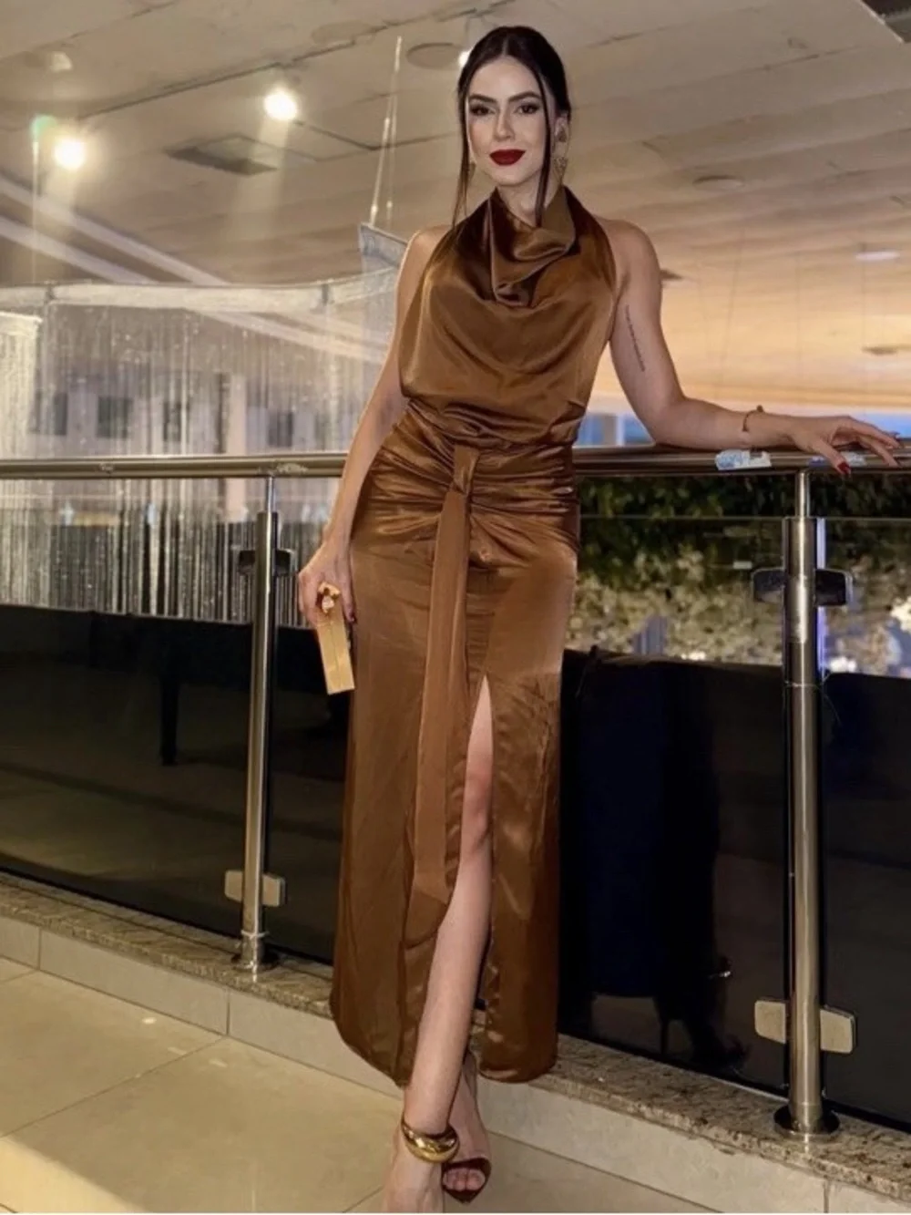NWT. Zara Brown Satin Effect Flowy Halter Neck Midi Dress. Size S. - Picture 6 of 11